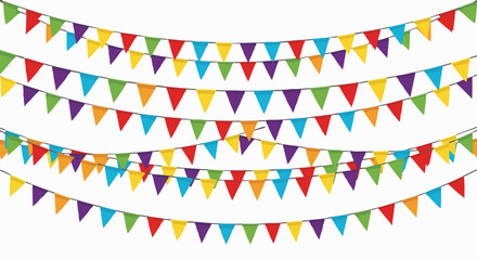 Obraz premium Brightly colored triangular pennant flags strung on black cords, creating a festive and celebratory atmosphere against a clean white background