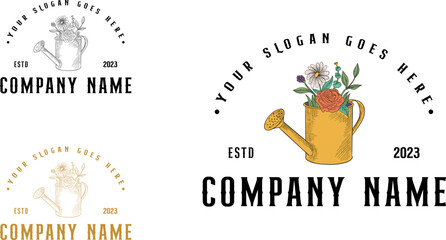 Vintage elegant garden logo, gardening vector with watering can and growing plant concept