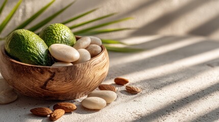 Wooden bowl filled with avocados and white chocolate dragees and almond nuts