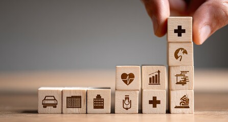 Wooden blocks with healthcare icons forming a rising stack. A hand places a block on top