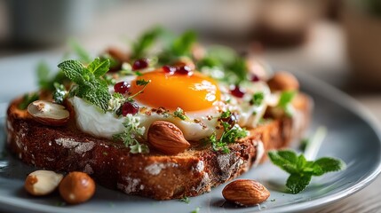 Gourmet egg toast with almonds, fresh mint and pomegranate arils topping