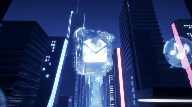 Futuristic digital cityscape at night with a glowing holographic mail icon symbolizing modern communication and online messaging