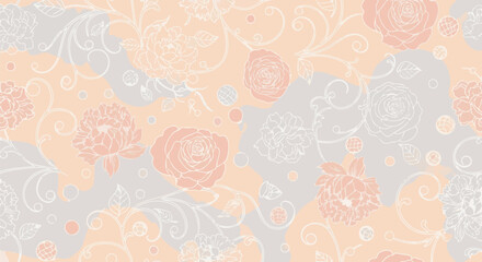 Delicate floral pattern with pastel pink and grey shapes, featuring sketched roses and swirling vines