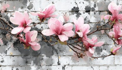 Delicate pink magnolia blossoms cascade gracefully down a weathered gray brick wall, showcasing a soft and romantic springtime scene.