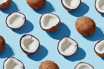 A pattern of halved coconuts on a light-blue background.  The coconuts are arranged in a diagonal grid pattern, creating a visually appealing design.  Shadows are cast from the coconuts