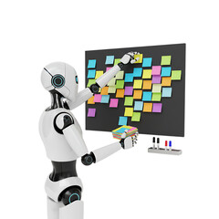 3d illustration of modern robot attaching sticky notes to a board isolated on transparent background concept of project management, planning, brainstorming and teamwork