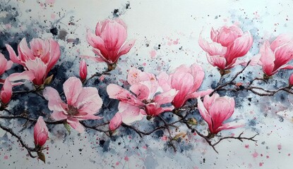 Delicate pink magnolia blossoms painted in watercolor, showcasing a soft, spring-like mood with textured background.