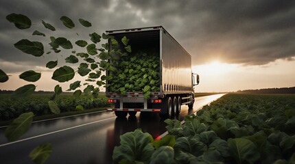 eco-friendly truck transporting goods on a highway surrounded by leaves at sunset | logistics, transportation, environment, sustainable, business theme