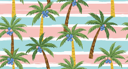Fototapeta premium Playful tropical seamless pattern with palm trees and colorful fruit. Trendy pink, mint green, and white stripes evoke a summer vacation mood