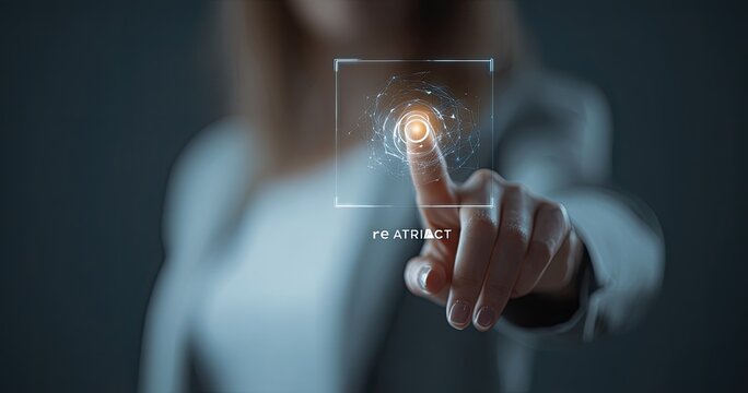 Woman's finger touching a holographic fingerprint scanner