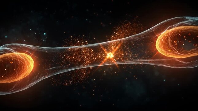 Cell division process illustrated with orange and blue glowing cells on a dark background