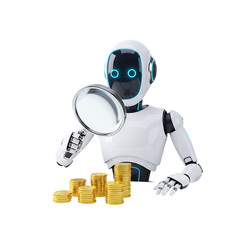3d illustration of robot examining stack of gold coins with magnifying glass isolated on transparent background concept of financial analysis and investment research