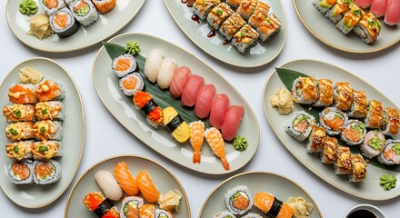 Delicious sushi arrangement on plates with various rolls and nigiri