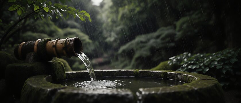 water cascading from bamboo pipe into stone basin amidst vibrant green foliage | zen, meditation, serenity, relaxation, tranquility theme
