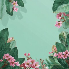 Botanical frame with pink flowers and green leaves on a mint background