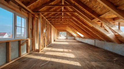 Spacious unfinished attic with wooden beams and natural light streaming through windows, showcasing potential for renovation and creative design ideas
