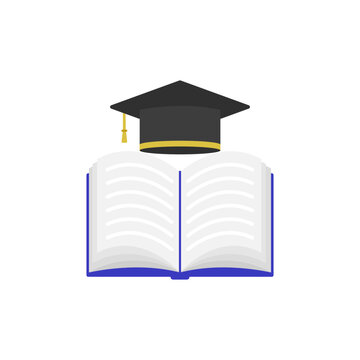 Graduation mortarboard over open book symbol for academic achievement higher education and learning success