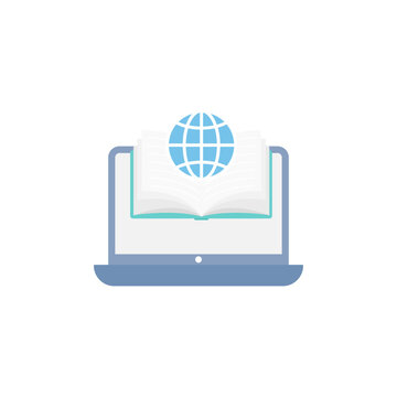 E-learning and global online education laptop icon with book and globe
