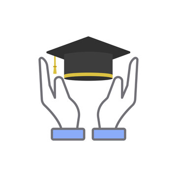 Hands holding graduation cap icon, concept of scholarship and education support