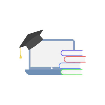 Online Education Concept with Laptop Graduation Cap and Books for Digital Learning
