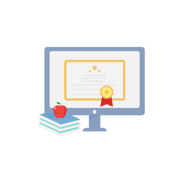 Online Education Vector Icon with Computer Monitor Certificate and Books