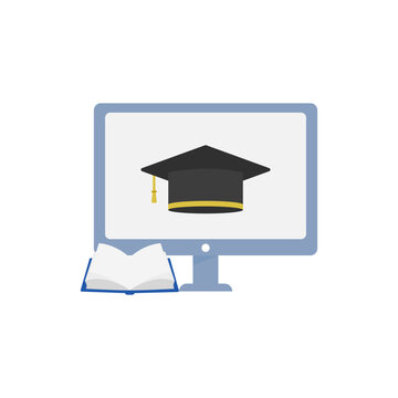 Online Education Concept with Graduation Cap and Open Book on Computer Monitor Screen