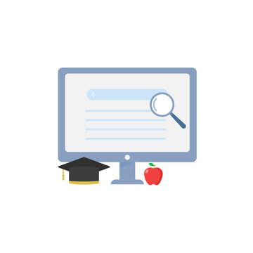Online education and digital learning concept with computer screen, graduation cap, and apple
