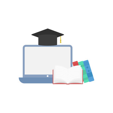 Online Learning Education Concept with Laptop Graduation Cap and Open Books
