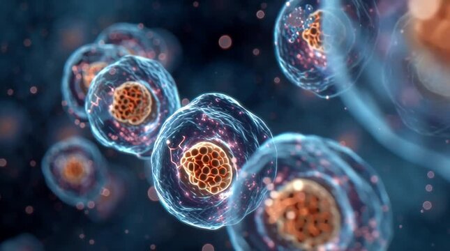 Microscopic view of cells displaying nucleus and cell membrane in a dark blue background