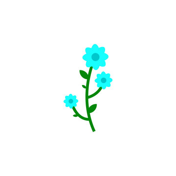 A small branch with three bright blue flowers and green leaves on a white background