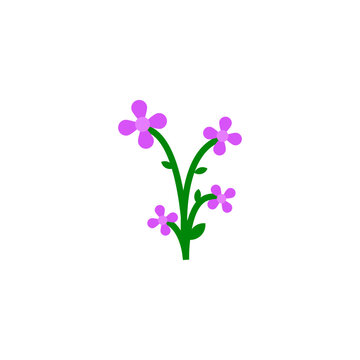 A small cluster of purple flowers on a green stem, with small leaves on the side