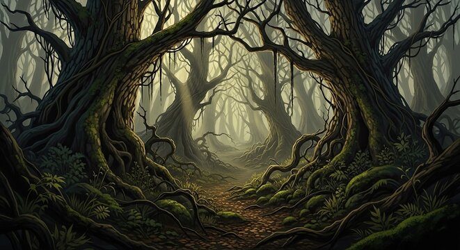 A dense, misty forest with towering, gnarled trees and a winding path leading into the distance