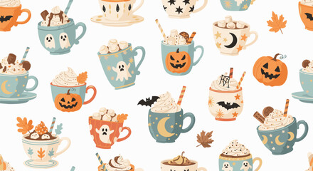 Obraz premium Seamless pattern of cute Halloween and autumn themed hot chocolate mugs decorated with pumpkins, ghosts, bats, stars, and whipped cream