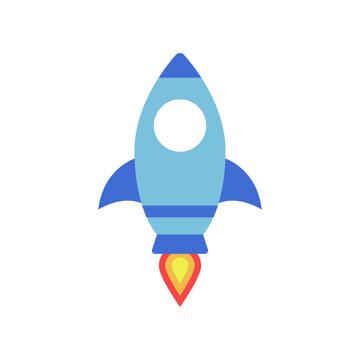 Blue rocket blasting off into space with a fiery exhaust