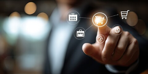 Businessperson's finger interacts with digital shopping icons