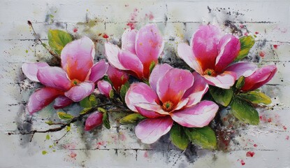 Vibrant pink magnolia blossoms arranged beautifully against a textured backdrop of light gray brick, showcasing detailed brushstrokes and a soft, romantic mood.