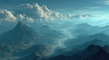 Blue tinted mountain range under fluffy white clouds and ethereal skies