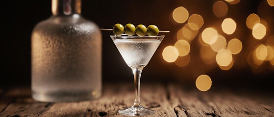 classic dirty martini with olives in elegant glass on rustic wooden surface with blurred background | party, celebration, nightlife, luxury, relaxation theme