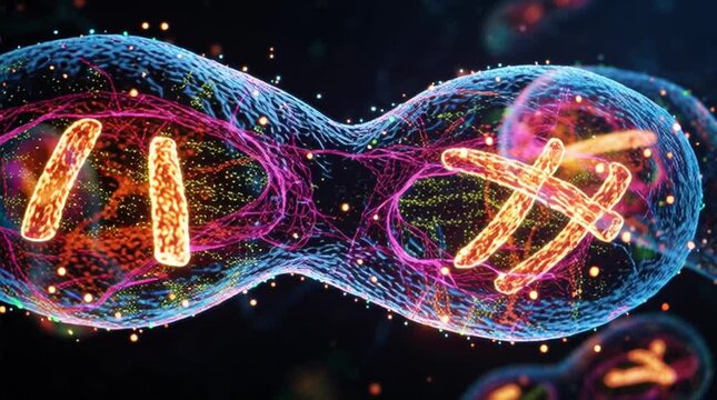 Close up view of cells undergoing mitosis with visible chromosomes and cellular structures shown clearly