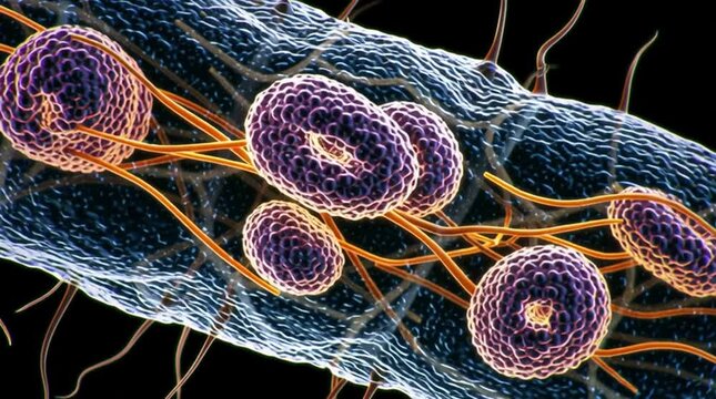 Microscopic view of a bacterium cell with visible organelles and flagella on a black background