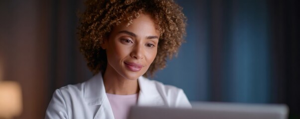 Woman doctor using laptop for telemedicine consultation. Physician working with digital data. Future of healthcare, medical technology concept.