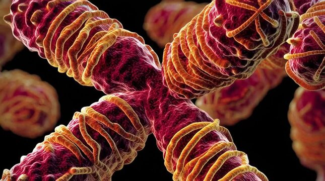 A close up of a chromosome with a red and yellow color scheme on a dark background microscopic view