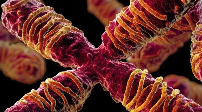 Close up view of a chromosome structure with red and yellow strands on a black background image