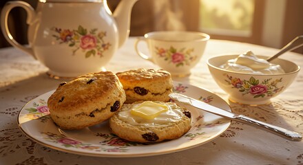 Afternoon tea setting with scones cream and teapot on a floral plate
