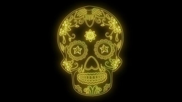 animation of mexican sugar skull from glowing neon