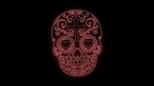 animation of mexican sugar skull from glowing neon