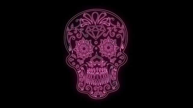 animation of mexican sugar skull from glowing neon