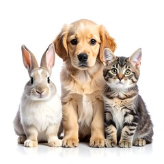 Obraz premium Three pets sitting together against white background