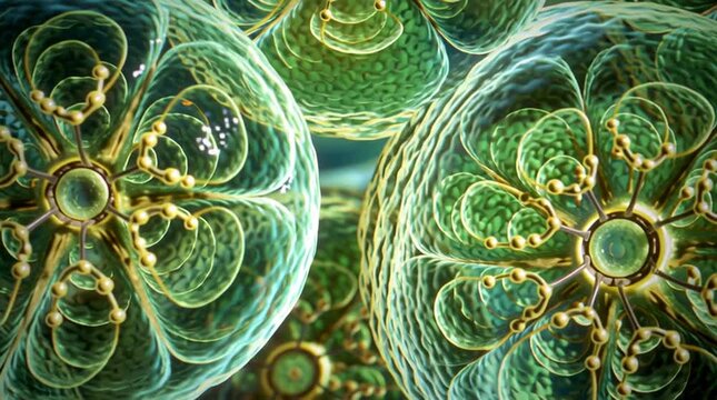 A close up view of several green and gold volvox algae colonies floating in a dark blue liquid