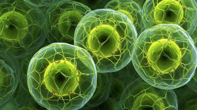 A microscopic view of numerous green cells with intricate internal structures and transparent membranes